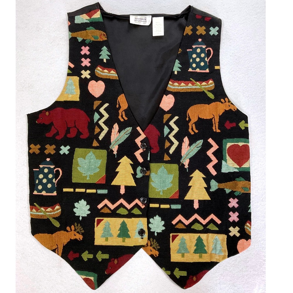 Sostanza Black Novelty Moose Bear Canoe Vest L/XL Vintage 90s